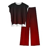 Women's Summer 2 Piece Outfits Cap Sleeve High-Low Hem Tops and Wide Leg Pant Sets 2024 Gradient Lounge Tracksuit