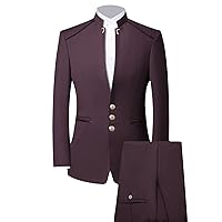 Men's 3 Pieces Vintage Suits Solid Slim Fit Formal Stand Collar Blazer Sets Business Wedding Jacket Vest Trousers (Red,X-Large)