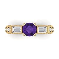 2.32ct Round Baguette Cut 3 stone Solitaire Amethyst Proposal Designer Wedding Anniversary Bridal ring 14k Yellow Gold