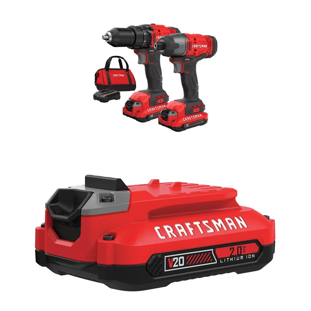 CRAFTSMAN V20 Cordless Drill Combo Kit, 2 Tool with EXTRA Lithium Ion Battery, 2.0-Amp Hour (CMCK200C2 & CMCB202)