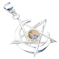 Natural Blue Fire Labradorite Star And Moon Handmade 925 Sterling Silver Pendant 1.5