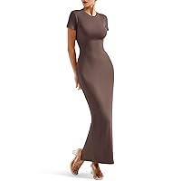 SUUKSESS Women Fitted Bodycon Maxi Dress Y2K Crew Neck Short Sleeve Long Dress