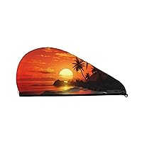 Tropical Sunset Print Dry Hair Cap for Women Coral Velvet Hair Towel Wrap Absorbent Hair Drying Towel with Button Quick Dry Hair Turban for Travel Shower Gym Salons