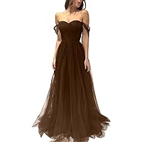 Women's Off The Shoulder Prom Dresses Long A Line Tulle Prom Party Gowns Ruched Tulle Formal Evening Dresses