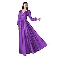 Chiffon Bridesmaid Dresses Long Pleated for Women V Neck Formal Party Maxi Gown with Long Puffy Sleeves DR0109