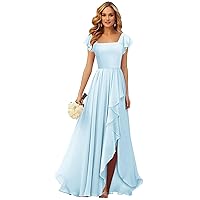 Light Blue Bridesmaid Dress Chiffon Short Sleeve Ruffle Formal Evening Dresses for Women Size 16
