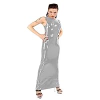 Plus Size Women Sleeveless Long Dress Back Zipper Vestido PVC Ankle Length Dress (Silver,4XL)
