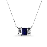 Emerald Cut (6x4 mm) Blue Sapphire & Natural Diamond 1 3/8 ctw Women Three Stone Pendant Necklace 14K Gold