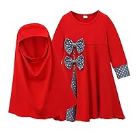Kids Girls Muslim Islamic Long Sleeve Color Block Ruffle Prayer Dress Abaya and Scarf Hijab 2pcs set