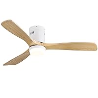 Sofucor 52 Inch Low Profile Ceiling Fan With Light 3 Carved Wood Fan Blade Modern Flush Mount Ceiling Fan Noiseless Reversible DC Motor Remote Control for Indoor/Outdoor Use (Natural Wood Color)