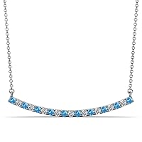 Round Blue Topaz Diamond 1/2 ctw Womens Curved Bar Pendant Necklace 16 Inches 14K Gold Chain
