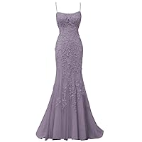 Mermaid Spaghetti Strap Backless Maxi Prom Dress for Women with Tulle Lace Appliques Formal Evening Party Gowns Z022
