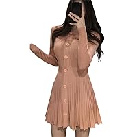 Korean Casual Single Breasted Knitting Mini Dress Women Autumn Winter Buttons Knitted Sweater Dress Pleated Robe