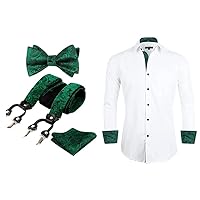 Alizeal Paisley Suspenders and Bow Tie for Men with Pocket Square Set-Dark Green, Business Slim Fit Dress Shirt Long Sleeve Patchwork Button-Down Shirt-White+Dark Green