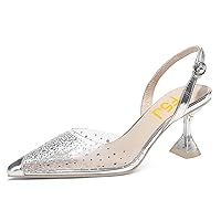 FSJ Women Crystal Studded Clear Pumps Sparkle Rhinestones Mid Low Heel Sandals Slingback D'orsay Pointed Toe Wedding Shoes Size 4-15 US