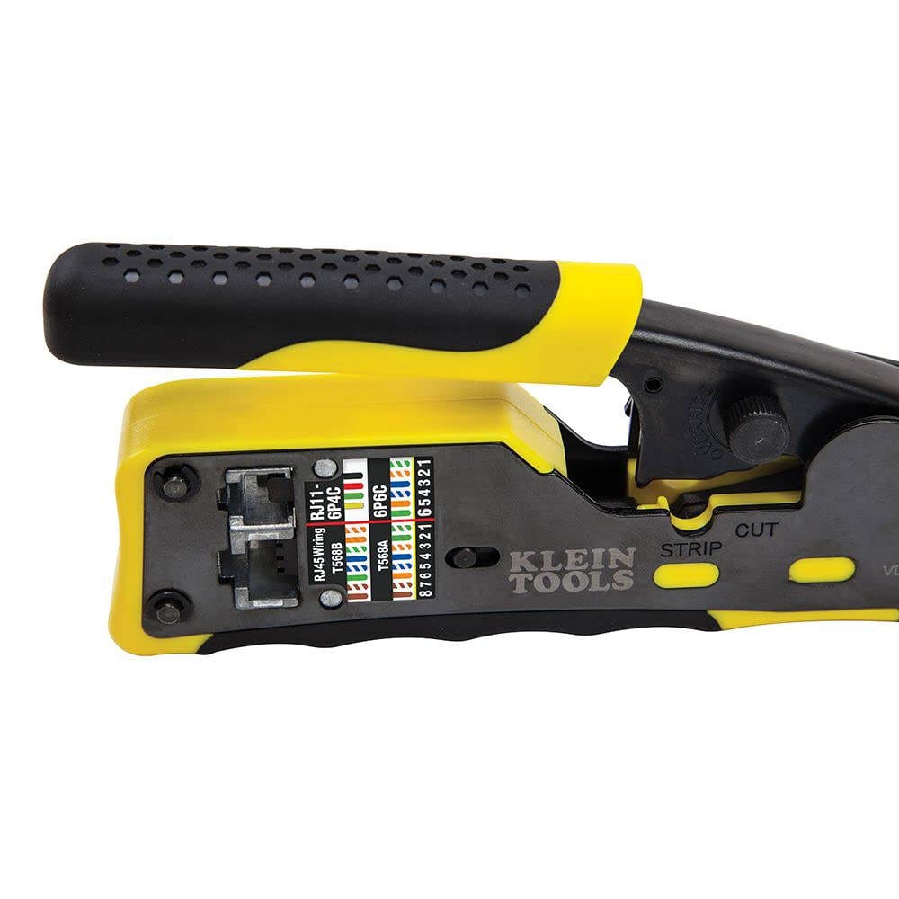 Klein Tools VDV226-110 Ratcheting Modular Data Cable Crimper / Wire Stripper / Wire Cutter for RJ11/RJ12 Standard, RJ45 Pass-Thru Connectors