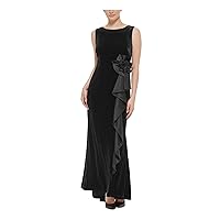 Jessica Howard Womens Black Zippered Lined Satin Waterfall-Ruffled Rosette Sleeveless Boat Neck Full-Length Formal Gown Dress 8