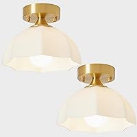 Mid-Century Modern Semi Flush Mount Ceiling Light Gold Milk Glass Ceiling Light Fixture Brushed Brass Flush Mount Light Vintage Close to Ceiling Light for Entryway Porch 2 Pack MCL10A-2