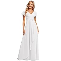 Women's V Neck Chiffon Bridesmaid Dresses Flutter Sleeve Ruffled A-Line Formal Maxi Dress R047