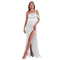 Women's Satin Prom Dresses Mermaid One Shoulder Ruched Formal Party Evening Gowns with Slit White US28W Plus Size