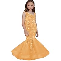 2024 Girl's One Shoulder Mesh Insert Mermaid Hem Sequin Pageant Dress Birthday Gown