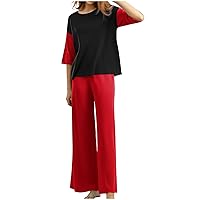 Casual 2 Piece Outfits for Womens Streetwear Lounge Set Short Sleeve Color Block Shirt Tops Wide Leg Long Pants Sets