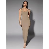 Women's Casual Ladies Comfort Dresses Solid Scoop Neck Tank Dress Leisure Perfect Comfortable Eye-catching (Color : Mocha Brown, Size : Medium)