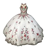 2024 Colorful Floral Flowers Ball Gown Long Quinceanera Prom Dresses Sheer Neck Halter Keyhole Back