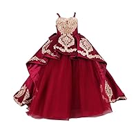 Gold Embroidery Lace Ball Gown Little Girls Pageant Special Occasion Dress with Strap 2024
