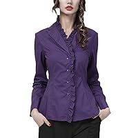 Cotton Women Ruffle Suit Collar Long Sleeve Shirt Autumn Slim Purple Single-Breasted Ladies Top