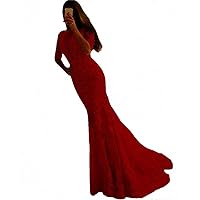 Women's Lace Half Sleeves Mermaid Evening Dresses Long Backless Party Prom Gowns Red