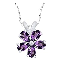 2.00ct Pear Cut Amethyst 14k White Gold Plated 925 Sterling Silver Flower Pendant With Chain For Women & Girls