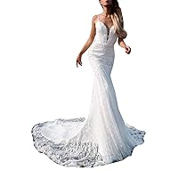 Women's Beach Spaghetti Strap Lace Bridal Ball Gowns Long Train Mermaid Wedding Dresses for Bride 2022