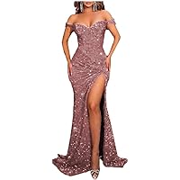 Women's Off Shoulder Prom Dress Sequin Bodycon Mermaid Formal Evening Gown with Slit BU163