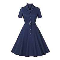 1950s Belted Waist-Defined Retro A-Line Dress for Women Buttton Lapel Short Sleeve Rockabilly Cocktail Swing Dresses