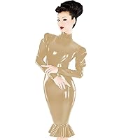 Plus Size Gothic Puff Sleeve Mermaid Dress Ladies PVC Midi Vestido (Light Brown,XXL)