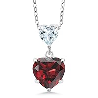 Gem Stone King 925 Sterling Silver Red Garnet and Sky Blue Aquamarine Double Heart Pendant Necklace for Women (2.42 Cttw, Heart 8MM and 5MM, with 18 Inch Silver Chain), Metal Gemstone, garnet and