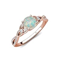 Round Opal set in Tiger Claw Four Prong & Side Round Natural Diamond of 0.82 ctw Women Celtic Love Knot Entwined Engagement Ring in 14K Gold