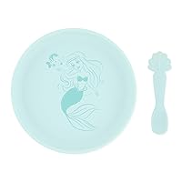 Bumkins Disney Baby and Toddler Plate and Spoon Set, Silicone Dish for Babies and Kids, Baby Led Weaning, Children Feeding Supplies, Microwave Safe, Platinum Silicone, Ages 6 Months Up, Princess Ariel