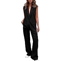 Womens Sleeveless Blazer Suits Summer 2 Piece Outfits Loose Lapel Button Up Blazer and Work Pants Office Dressy Sets