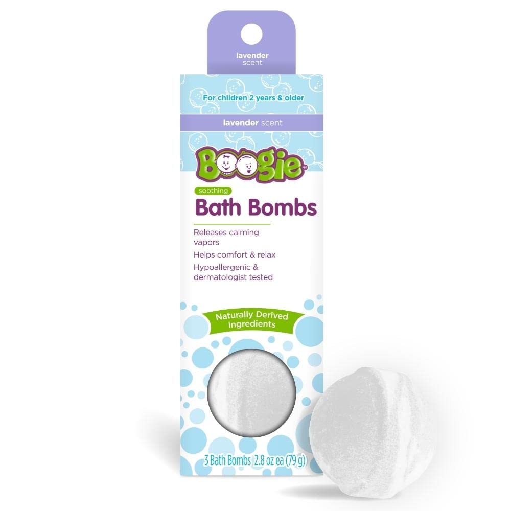 Kids Bath Bombs by The Makers of Boogie Wipes, Boogie Fizzies, Naturally Derived, Made with Aloe and Calming Vapors, Lavender, 2.8 oz, 3 Bath Bombs, Pack of 1