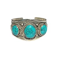 3 Stone Blue Stabilized-Turquoise Adjustable Cuff Bracelet | Ornate Boho Jewelry for Men & Women