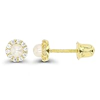 14K Yellow Gold 2mm Pearl/Cubic Zirconia Flower Screwback Stud Earring