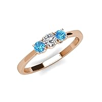 Round Blue Topaz & Natural Diamond 1/2 ctw 3 Stone Engagement Ring 14K Gold