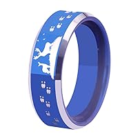 8mm Blue with Silver Bevel Tungsten Carbide Ring Deer Hunting with Buck and Doe Tracks Design-Free Inside Engraving