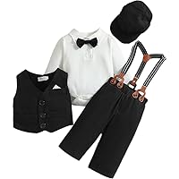 IMEKIS Toddler Baby Boys Christening Outfit Christmas Bowtie Shirt Romper Vest Suspenders Pants Hat Set Fall Wedding Suits