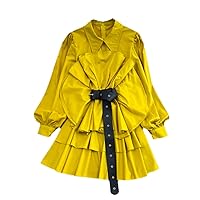 Turn Down Collar Solid Color Robe Femme Pleated Belt Slim Waist Dress Yellow One Size