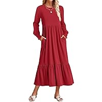 ZESICA Women's 2024 Long Sleeve Dress Crewneck Casual Loose Pleated Tiered Swing Maxi Dresses with Pockets
