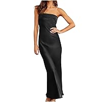 Formal Dresses for Women Sleeveless Chest Wrap Strapless Maxi Dress Solid Color Satin Sexy Tube Top Cocktail Dresses