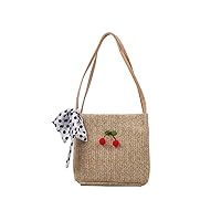 LUAN Straw Tote Handbag Square Hand-woven Rattan Bag Large Capacity Wicker Purse With Silk Bow Cherry Decoration, 9.05